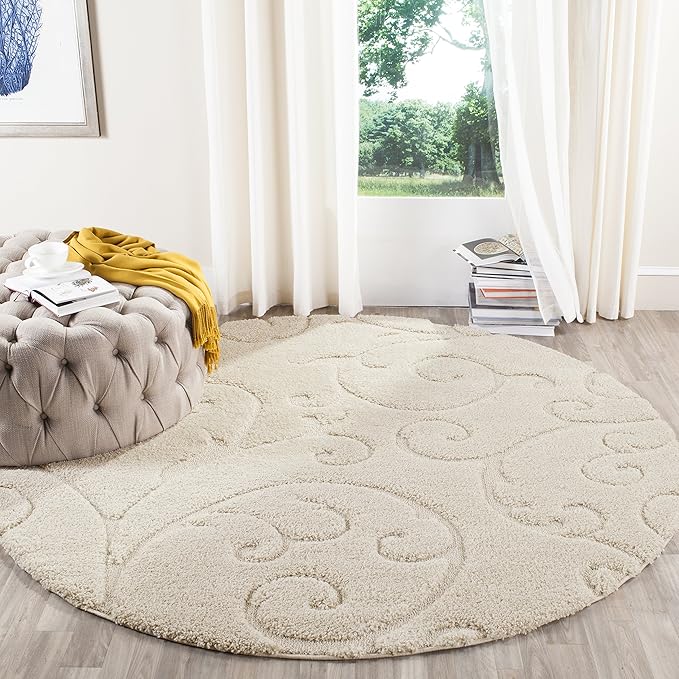 SAFAVIEH Florida Shag Collection Area Rug - 5' Round, Cream & Cream, Scroll Design, Non-Shedding & Easy to Clean, High-Low Plush Pile, Ideal for Living Room, Bedroom, Dining Space (SG455-1111)
