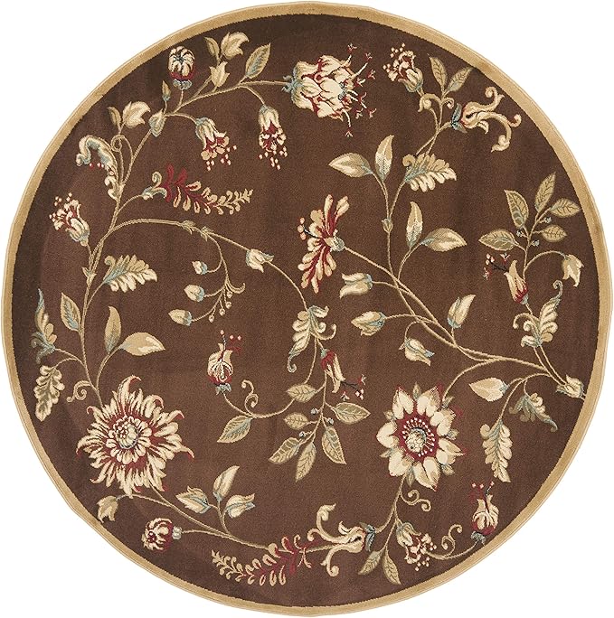 SAFAVIEH Lyndhurst Collection Area Rug - 5'3" Round, Brown & Multi, Traditional Floral Design, Non-Shedding & Easy Care, Ideal for High Traffic Areas in Living Room, Bedroom (LNH552-2591)
