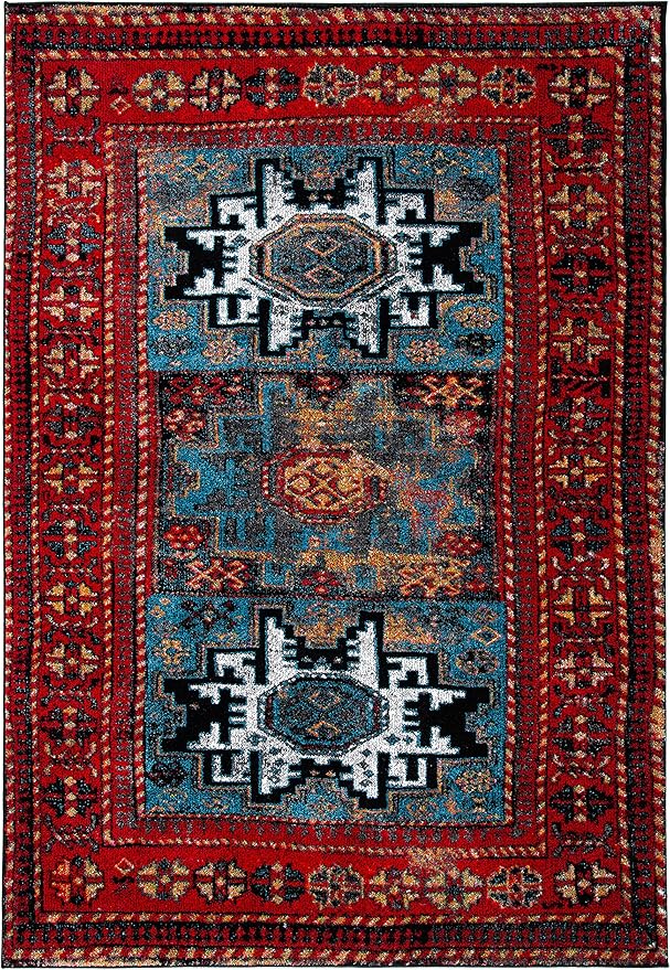 SAFAVIEH Vintage Hamadan Collection Accent Rug - 4' x 6', Red & Light Blue, Persian Design, Non-Shedding & Easy Care, Ideal for High Traffic Areas in Entryway, Living Room, Bedroom (VTH213Q)