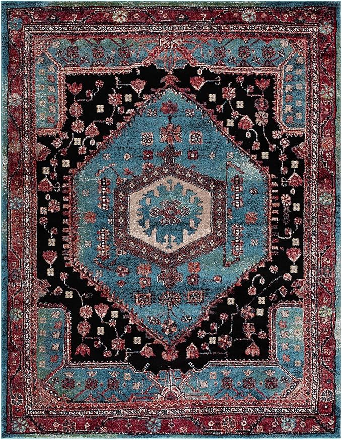 SAFAVIEH Vintage Hamadan Collection Area Rug - 9' x 12', Turquoise & Black, Traditional Oriental Design, Non-Shedding & Easy Care, Ideal for High Traffic Areas in Living Room, Bedroom (VTH204K)