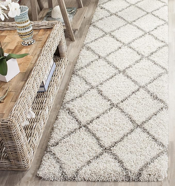 SAFAVIEH Hudson Shag Collection Runner Rug - 2'3" x 18', Ivory & Grey, Modern Trellis Design, Non-Shedding & Easy Care, 2-inch Thick Ideal for High Traffic Areas in Living Room, Bedroom (SGH281A)