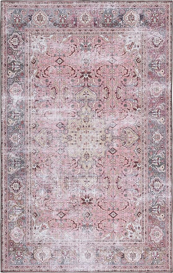 SAFAVIEH Washable Rug Tucson Collection - 5' x 8', Pink & Beige, Slip Resistant & Easy to Clean, Ideal for Living Room, Bedroom, Dining Space (TSN144U)