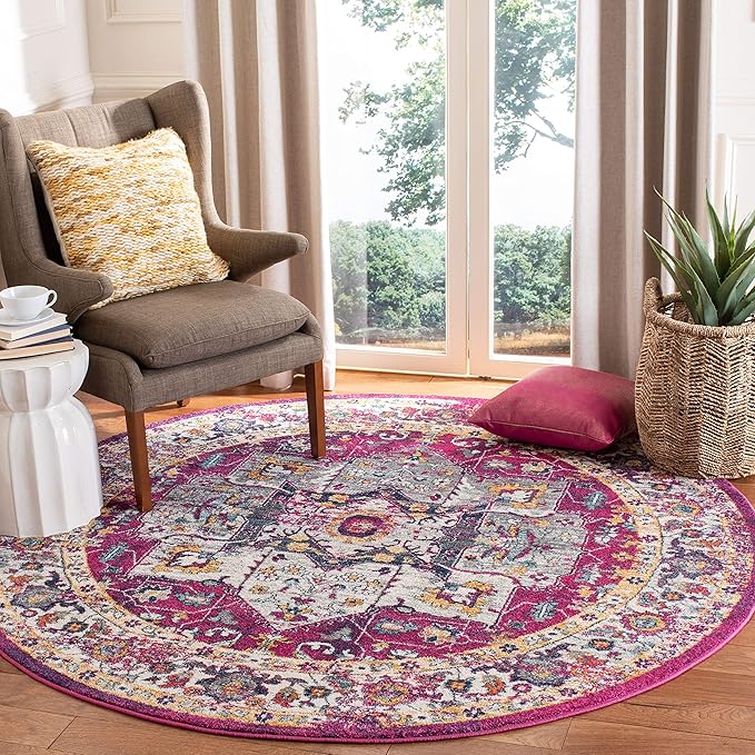 SAFAVIEH Evoke Collection Area Rug - 6'7" Round, Fuchsia & Ivory, Oriental Medallion Distressed Design, Non-Shedding & Easy Care, Ideal for High Traffic Areas in Living Room, Bedroom (EVK275R)