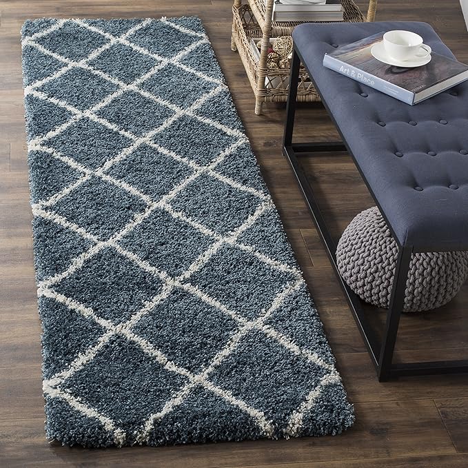 SAFAVIEH Hudson Shag Collection Runner Rug - 2'3" x 6', Slate Blue & Ivory, Modern Trellis Design, Non-Shedding & Easy Care, 2-inch Thick Ideal for High Traffic Areas in Living Room, Bedroom (SGH281L)