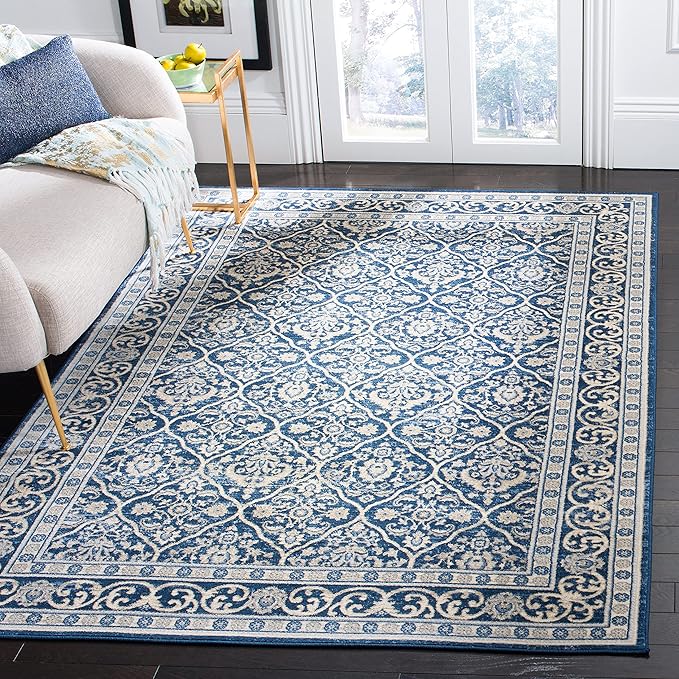 SAFAVIEH Brentwood Collection 2' x 4' Navy / Light Grey BNT870M Oriental Damask Trellis Non-Shedding Living Room Bedroom Accent Rug