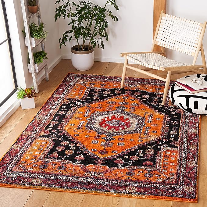 SAFAVIEH Vintage Hamadan Collection Area Rug - 5'3" x 7'6", Orange & Black, Traditional Oriental Design, Non-Shedding & Easy Care, Ideal for High Traffic Areas in Living Room, Bedroom (VTH204P)