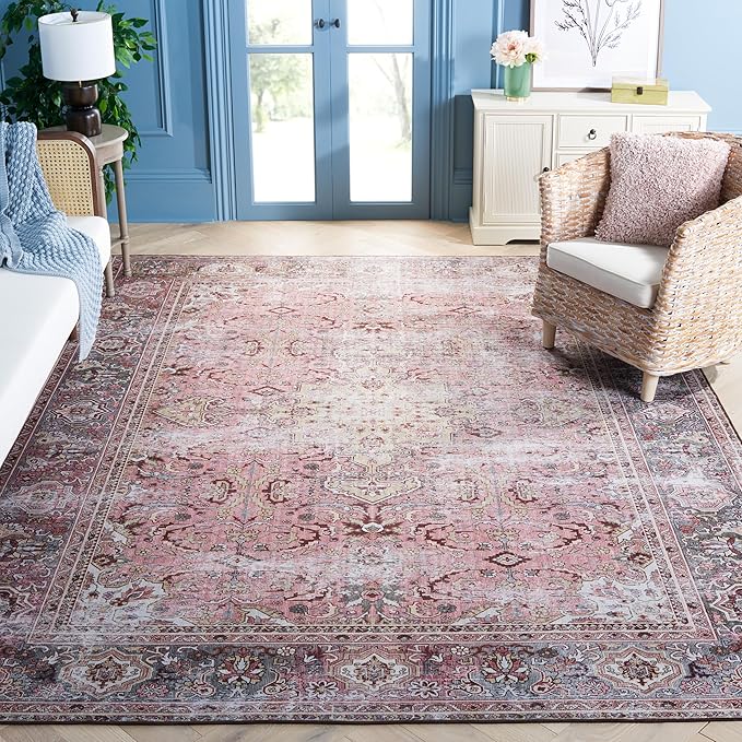 SAFAVIEH Washable Rug Tucson Collection - 9' x 12', Pink & Beige, Slip Resistant & Easy to Clean, Ideal for Living Room, Bedroom, Dining Space (TSN144U)