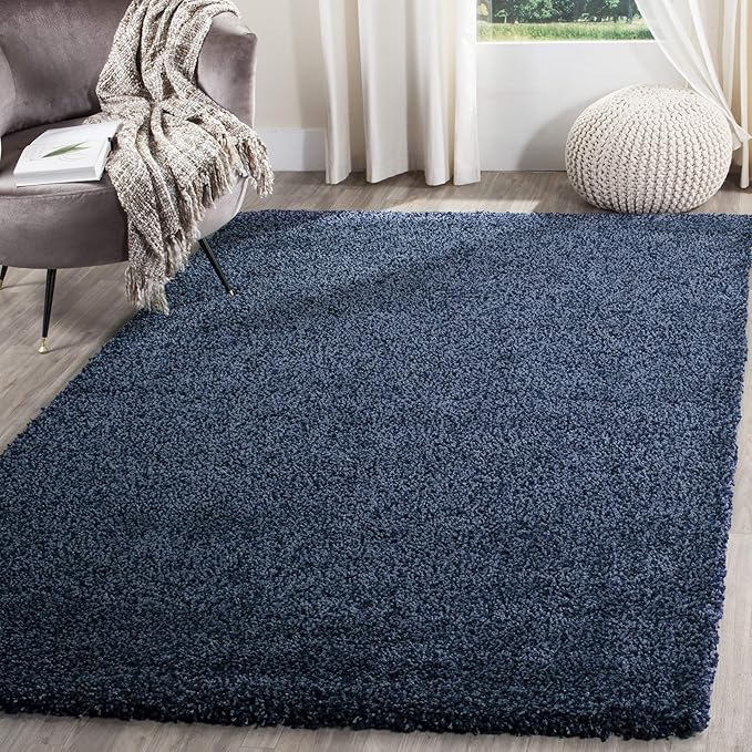 SAFAVIEH Santa Monica Shag Collection 3' x 5' Navy SGN725 Solid Non-Shedding Living Room Bedroom Dining Room Entryway Plush 2-inch Thick Area Rug