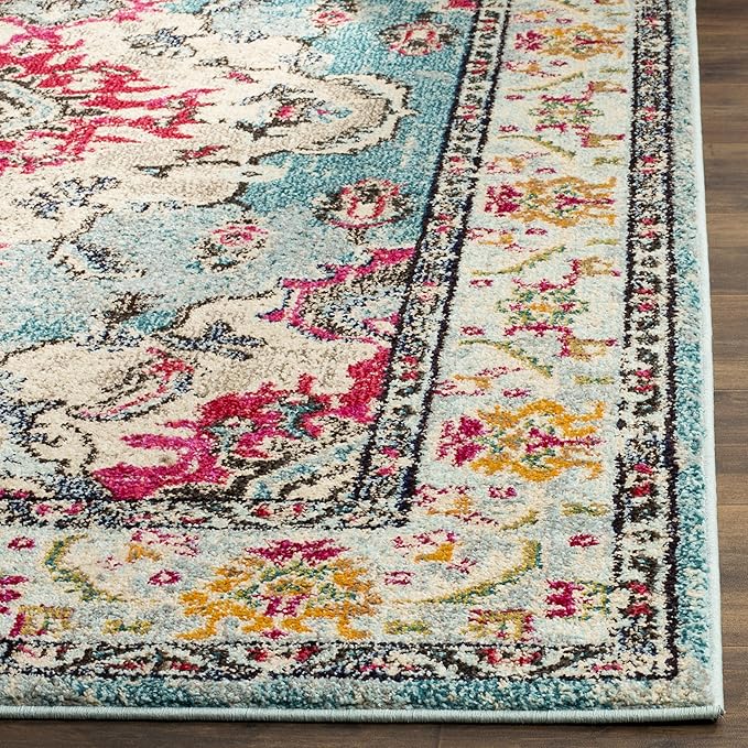 SAFAVIEH Monaco Collection Runner Rug - 2'2" x 8', Light Blue & Fuchsia, Non-Shedding & Easy to Clean, Distressed Medallion Design, Ideal for Living Room, Bedroom, Dining Space (MNC243J)