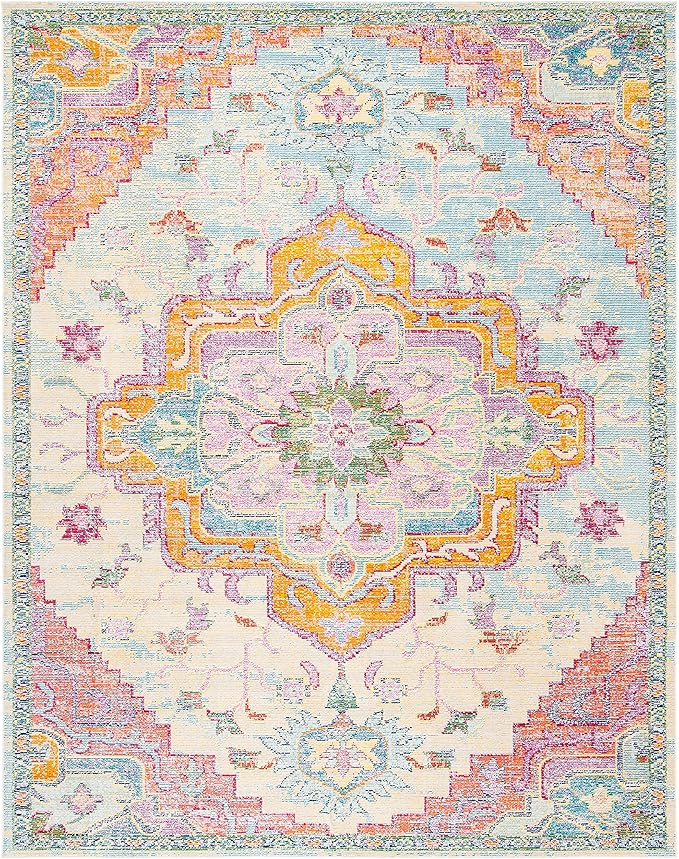SAFAVIEH Crystal Collection Area Rug - 10' x 14', Light Blue & Fuchsia, Medallion Distressed Design, Non-Shedding & Easy Care, Ideal for High Traffic Areas in Living Room, Bedroom (CRS501B)