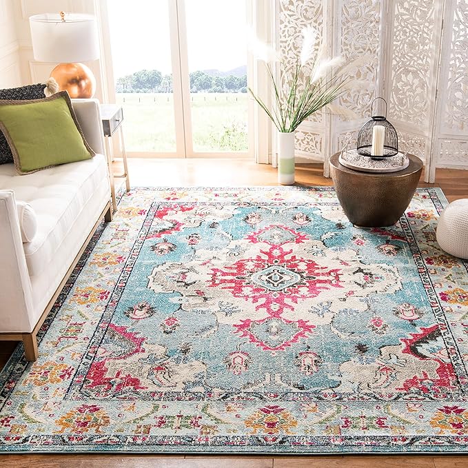 SAFAVIEH Monaco Collection Area Rug - 8' x 10', Light Blue & Fuchsia, Non-Shedding & Easy to Clean, Distressed Medallion Design, Ideal for Living Room, Bedroom, Dining Space (MNC243J)