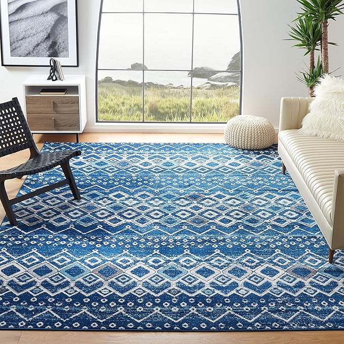 SAFAVIEH Amsterdam Collection Area Rug - 6'7" x 9'2", Navy & Beige, Moroccan Boho Design, Non-Shedding & Easy Care, Ideal for High Traffic Areas in Living Room, Bedroom (AMS108N)