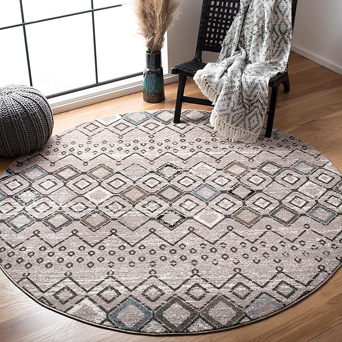 SAFAVIEH Amsterdam Collection 3' Round Light Grey / Brown AMS108F Moroccan Boho Non-Shedding Dining Room Entryway Foyer Living Room Bedroom Area Rug