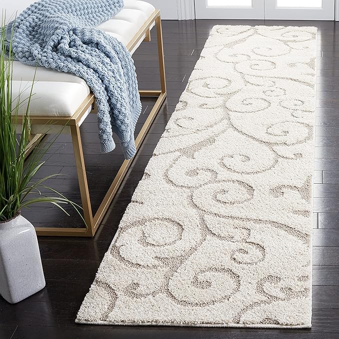 SAFAVIEH Florida Shag Collection Area Rug - 2'3" x 13' Runner, Ivory & Beige, Scroll Design, Non-Shedding & Easy to Clean, High-Low Plush Pile, Ideal for Bedroom, Foyer, Hallway (SG455-13LT)