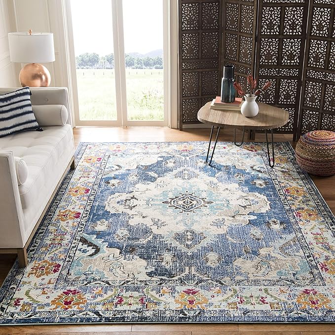 SAFAVIEH Monaco Collection Area Rug - 3' x 5', Navy & Light Blue, Non-Shedding & Easy to Clean, Distressed Medallion Design, Ideal for Living Room, Bedroom, Dining Space (MNC243N)