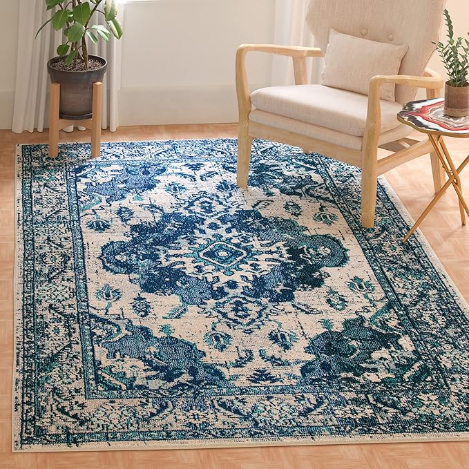 SAFAVIEH Monaco Collection Runner Rug - 2'2" x 6', Ivory & Blue, Non-Shedding & Easy to Clean, Distressed Medallion Design, Ideal for Hallway, Kitchen Foyer, Entryway (MNC243A)