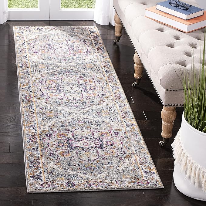 SAFAVIEH Evoke Collection Runner Rug - 2'2" x 7', Grey & Grey, Oriental Medallion Distressed Design, Non-Shedding & Easy Care, Ideal for High Traffic Areas in Living Room, Bedroom (EVK275H)