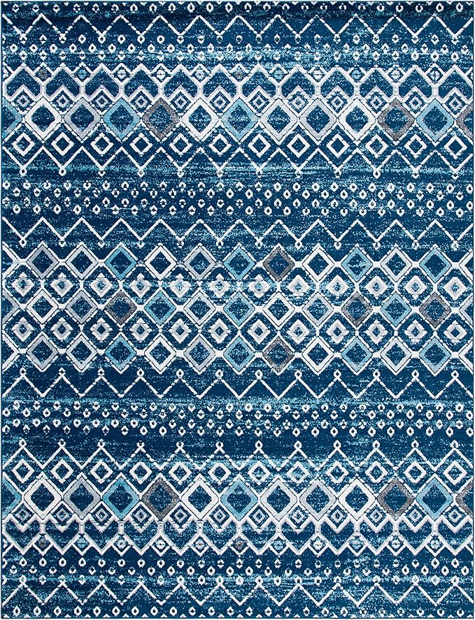 SAFAVIEH Amsterdam Collection X-Large Area Rug - 11' x 15', Navy & Beige, Moroccan Boho Design, Non-Shedding & Easy Care, Ideal for High Traffic Areas in Living Room, Bedroom (AMS108N)