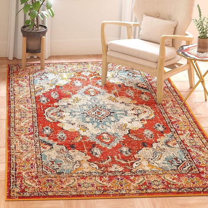 SAFAVIEH Monaco Collection Area Rug - 3' x 5', Orange & Light Blue, Non-Shedding & Easy to Clean, Distressed Medallion Design, Ideal for Living Room, Bedroom, Dining Space (MNC243H)