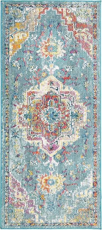 SAFAVIEH Crystal Collection Accent Rug - 2'2" x 5', Teal & Orange, Medallion Distressed Design, Non-Shedding & Easy Care, Ideal for High Traffic Areas in Entryway, Living Room, Bedroom (CRS501J)