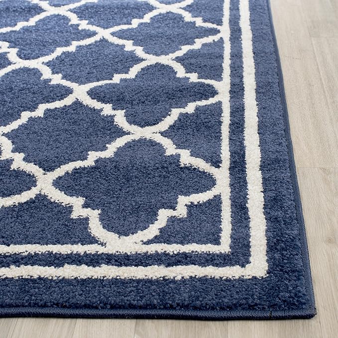 SAFAVIEH Amherst Collection Accent Rug - 3' x 5', Navy & Beige, Moroccan Trellis Design, Non-Shedding & Easy Care, Ideal for High Traffic Areas in Entryway, Living Room, Bedroom (AMT422P)