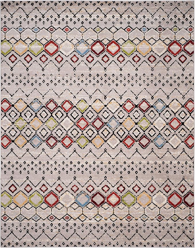 SAFAVIEH Amsterdam Collection Area Rug - 9' x 12', Light Grey & Multi, Moroccan Boho Design, Non-Shedding & Easy Care, Ideal for High Traffic Areas in Living Room, Bedroom (AMS108G)