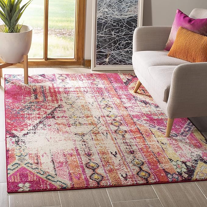 SAFAVIEH Monaco Collection Area Rug - 5'1" x 7'7", Magenta & Multi, Boho Chic Tribal Distressed Design, Non-Shedding & Easy Care, Ideal for High Traffic Areas in Living Room, Bedroom (MNC222D)