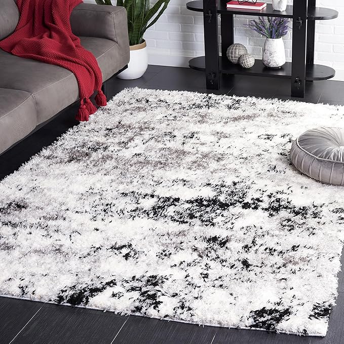 SAFAVIEH Lindsay Shag Collection Area Rug - 9' x 12', Grey & Black Ivory, Modern Design, 2-inch Thick, Ideal for The Living Room, Dining, Bedroom (LNS556G)