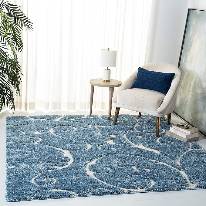 SAFAVIEH Florida Shag Collection Area Rug - 9' Square, Light Blue & Cream, Scroll Design, Non-Shedding & Easy to Clean, High-Low Plush Pile, Ideal for Living Room, Bedroom, Dining Space (SG455-6011)