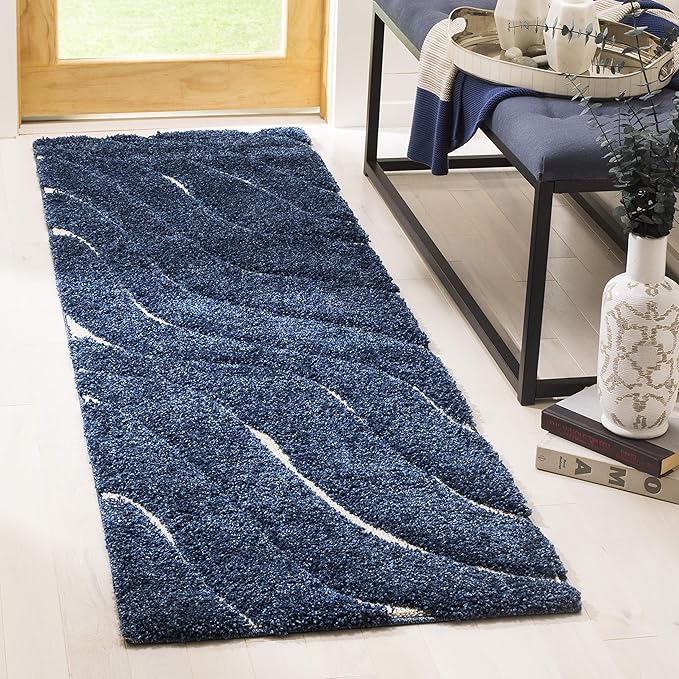SAFAVIEH Florida Shag Collection Runner Rug - 2'3" x 11', Dark Blue & Cream, Non-Shedding & Easy Care, 1.2-inch Thick Ideal for High Traffic Areas in Living Room, Bedroom (SG472-6511)