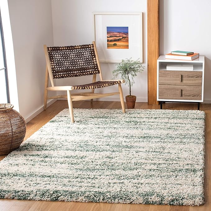 SAFAVIEH Hudson Shag Collection Area Rug - 7' Square, Ivory & Green, Modern Design, Non-Shedding & Easy Care, 2-inch Thick Ideal for High Traffic Areas in Living Room, Bedroom (SGH206Y)