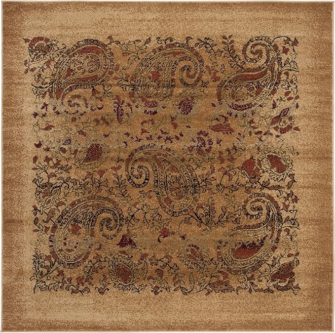 SAFAVIEH Lyndhurst Collection Area Rug - 6' Square, Beige & Multi, Traditional Paisley Design, Non-Shedding & Easy Care, Ideal for High Traffic Areas in Living Room, Bedroom (LNH224A)