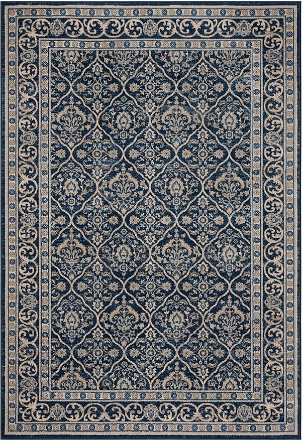 SAFAVIEH Brentwood Collection 6' x 9' Navy / Light Grey BNT870M Oriental Damask Trellis Non-Shedding Living Room Bedroom Dining Home Office Area Rug