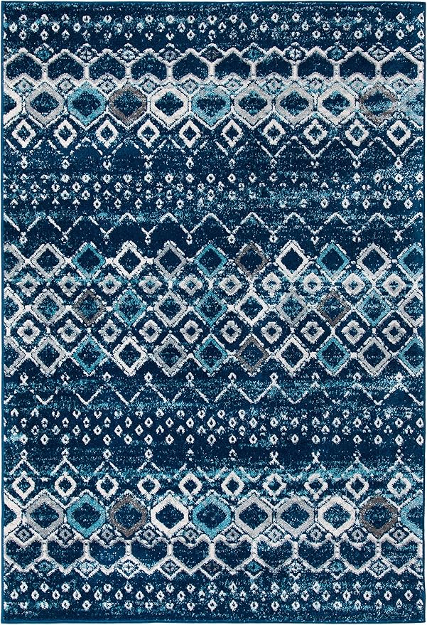 SAFAVIEH Amsterdam Collection Area Rug - 5'1" x 7'6", Navy & Beige, Moroccan Boho Design, Non-Shedding & Easy Care, Ideal for High Traffic Areas in Living Room, Bedroom (AMS108N)