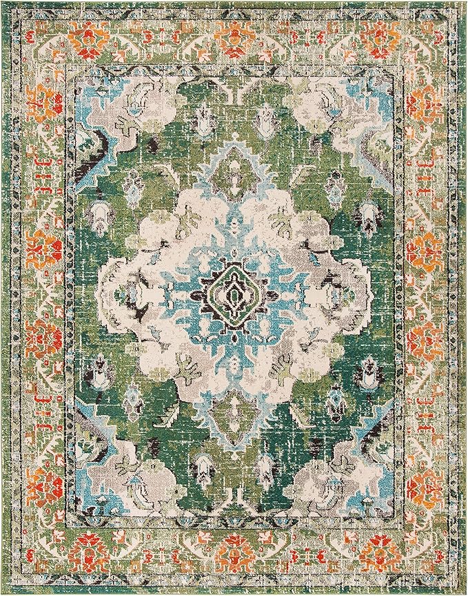 SAFAVIEH Monaco Collection Area Rug - 11' x 15', Forest Green & Light Blue, Non-Shedding & Easy to Clean, Distressed Medallion Design, Ideal for Living Room, Bedroom, Dining Space (MNC243F)