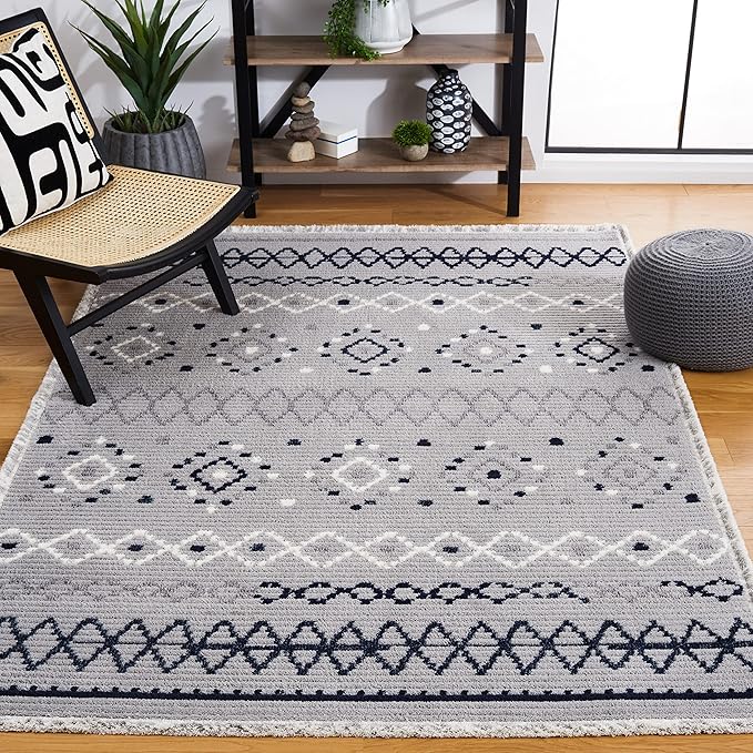 SAFAVIEH Marrakech Collection Area Rug - 9' x 12', Grey & Navy, Moroccan Boho Tribal Rustic Design, Non-Shedding & Easy Care, Ideal for High Traffic Areas in Living Room, Bedroom (MRK612F)
