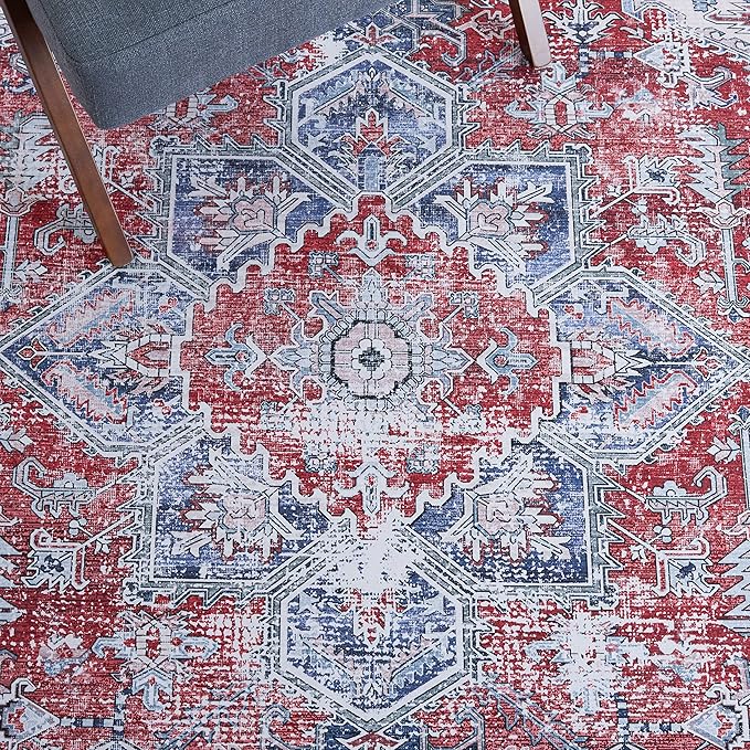 SAFAVIEH Washable Rug Tucson Collection - 4' x 6', Red & Navy, Slip Resistant & Easy to Clean, Ideal for Foyer, Kitchen, Nursery, Office, Bedroom (TSN101S)