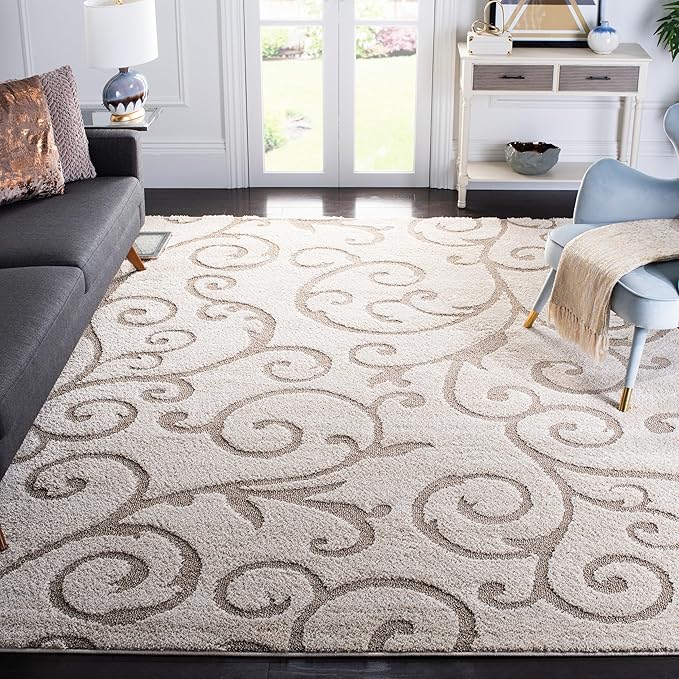 SAFAVIEH Area Rug 9x12 - Florida Shag Collection - Large - Ivory & Beige, Scroll Design, Non-Shedding & Easy to Clean, High-Low Plush Pile, Ideal for Living Room, Bedroom, Dining Space (SG455-13LT)