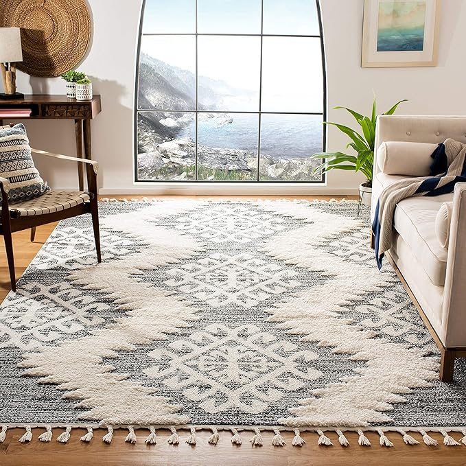 SAFAVIEH Moroccan Tassel Shag Collection Area Rug - 9' x 12', Ivory & Grey, Boho Design, Non-Shedding & Easy Care, 2-inch Thick Ideal for High Traffic Areas in Living Room, Bedroom (MTS652F)