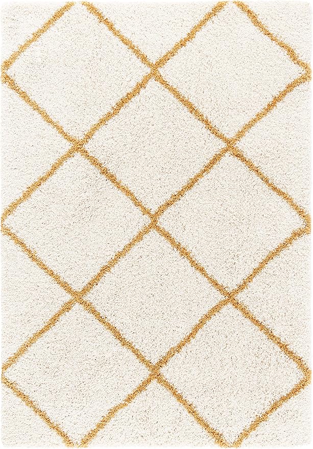 SAFAVIEH Hudson Shag Collection Accent Rug - 4' x 6', Ivory & Gold, Modern Trellis Design, Non-Shedding & Easy Care, 2-inch Thick Ideal for High Traffic Areas in Foyer, Living Room, Bedroom (SGH281E)