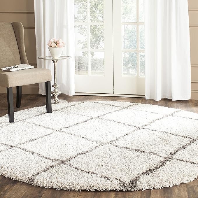 SAFAVIEH Hudson Shag Collection 11' Round Ivory/Grey SGH281A Modern Diamond Trellis Non-Shedding Living Room Bedroom Dining Room Entryway Plush 2-inch Thick Area Rug