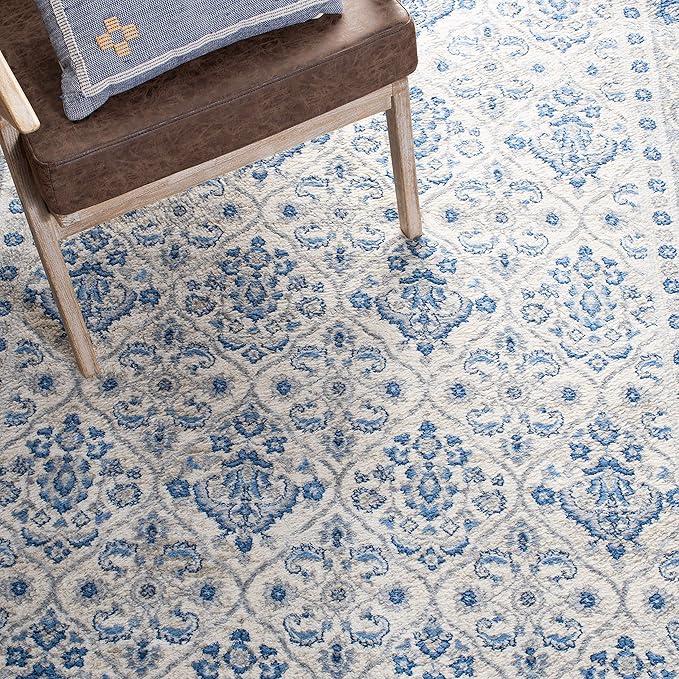 SAFAVIEH Brentwood Collection 3' x 5' Ivory/Blue BNT870A Oriental Damask Trellis Non-Shedding Living Room Bedroom Accent Rug