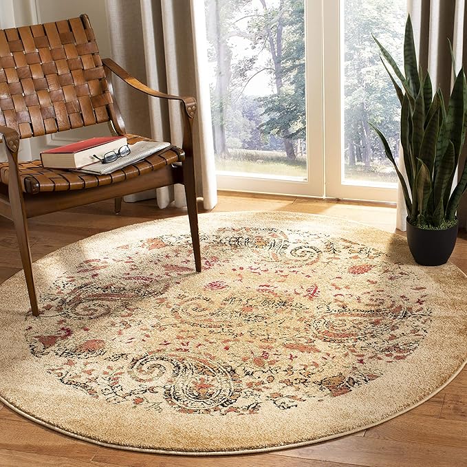 SAFAVIEH Lyndhurst Collection Area Rug - 7' Round, Beige & Multi, Traditional Paisley Design, Non-Shedding & Easy Care, Ideal for High Traffic Areas in Living Room, Bedroom (LNH224A)
