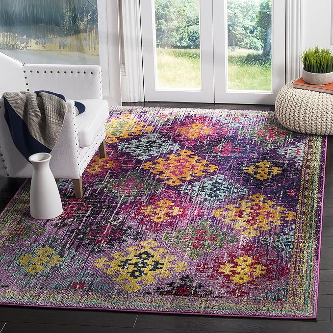 SAFAVIEH Monaco Collection Area Rug - 8' x 10', Purple & Multi, Boho Diamond Trellis Design, Non-Shedding & Easy Care, Ideal for High Traffic Areas in Living Room, Bedroom (MNC244P)
