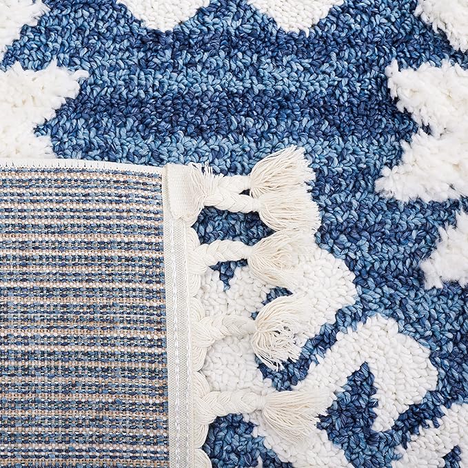 SAFAVIEH Moroccan Tassel Shag Collection Area Rug - 5'3" x 7'6", Blue & Ivory, Boho Design, Non-Shedding & Easy Care, 2-inch Thick Ideal for High Traffic Areas in Living Room, Bedroom (MTS652M)