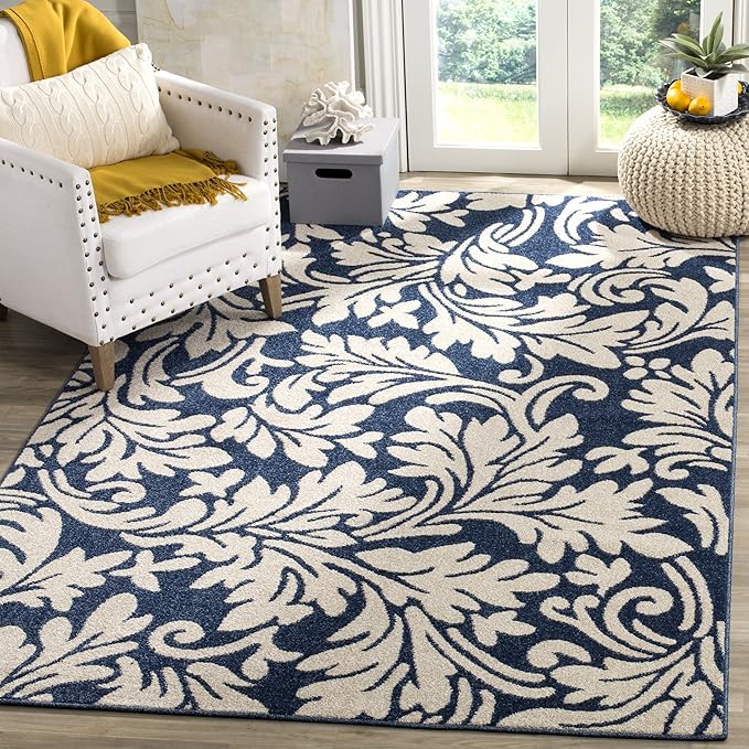SAFAVIEH Amherst Collection Area Rug - 7' Square, Navy & Ivory, Floral Design, Non-Shedding & Easy Care, Ideal for High Traffic Areas in Living Room, Bedroom (AMT425P)