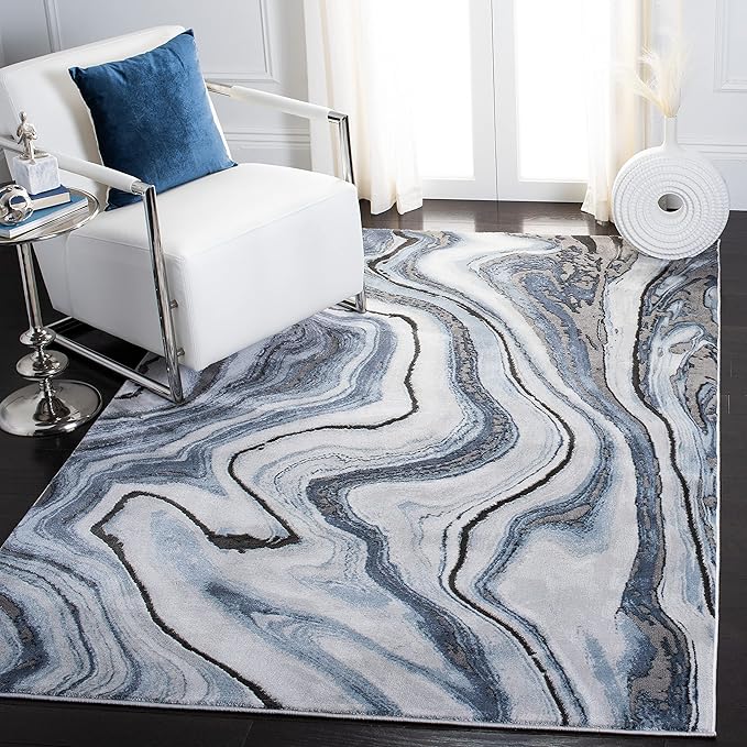 SAFAVIEH Craft Collection Area Rug - 6'7" x 9', Blue & Grey, Modern Abstract Design, Non-Shedding & Easy Care, Ideal for High Traffic Areas in Living Room, Bedroom (CFT819M)