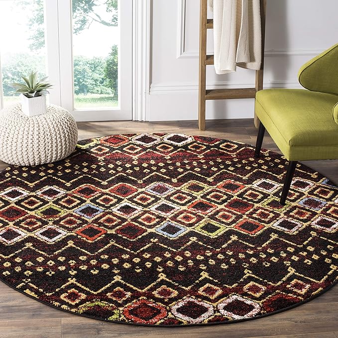 SAFAVIEH Amsterdam Collection Area Rug - 11' Round, Black & Multi, Moroccan Boho Design, Non-Shedding & Easy Care, Ideal for High Traffic Areas in Living Room, Bedroom (AMS108P)