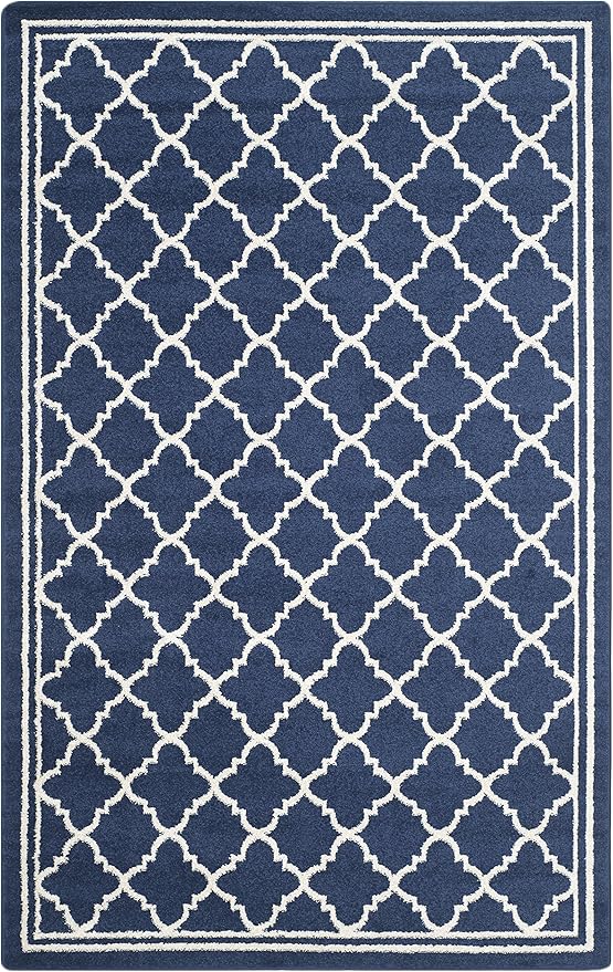 SAFAVIEH Amherst Collection Accent Rug - 4' x 6', Navy & Beige, Moroccan Trellis Design, Non-Shedding & Easy Care, Ideal for High Traffic Areas in Entryway, Living Room, Bedroom (AMT422P)