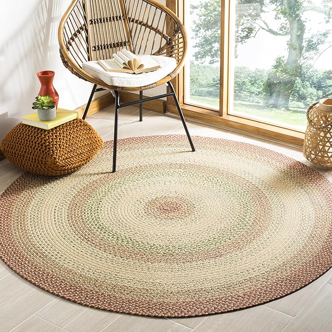 SAFAVIEH Washable Rug Outdoor Braided Collection - 5' Round, Rust & Multi, Handmade & Reversible, Non-Shedding & Easy to Clean, Ideal for Patio, Backyard, Mudroom (BRD303A)